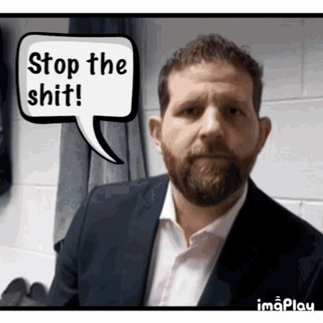 a man in a suit has a speech bubble that says " stop the shit "