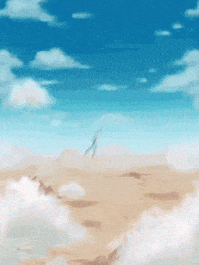a painting of a desert landscape with a blue sky and white clouds