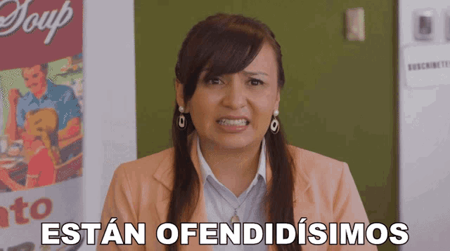 a woman says " estan ofendidimos " in front of a soup ad