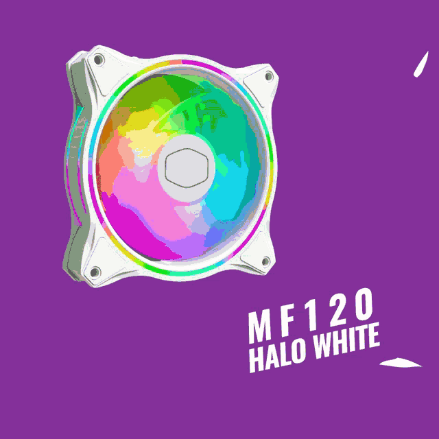 a purple background with a white fan that says mf120 halo white on it