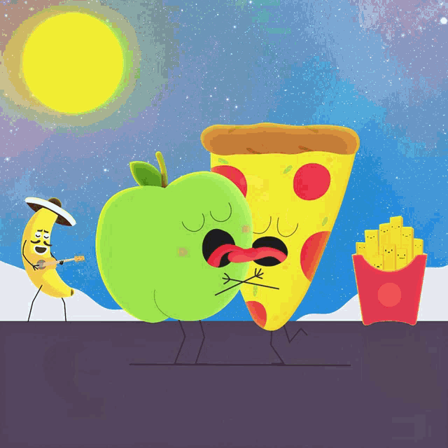a cartoon illustration of a pizza and an apple kissing