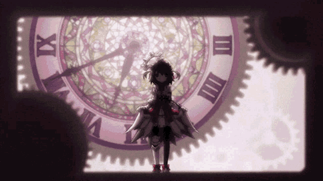 a girl is standing in front of a clock with roman numerals xii and iii on it