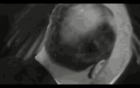 a man 's head is visible in a black and white photo .