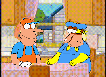 two cartoon characters are standing next to each other in a kitchen and one is wearing gloves