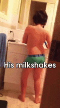 a boy in green underwear is standing in front of a sink with the words his milkshakes on the bottom