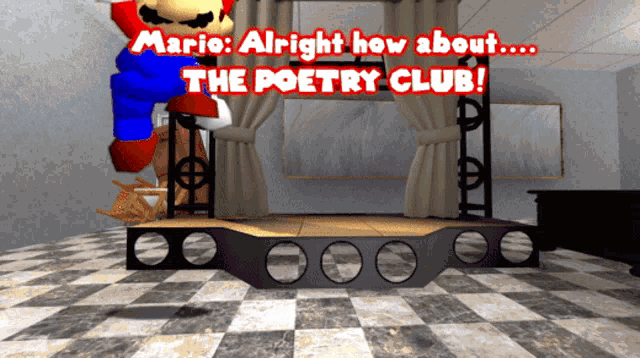 mario is standing on a stage with the words the poetry club above him