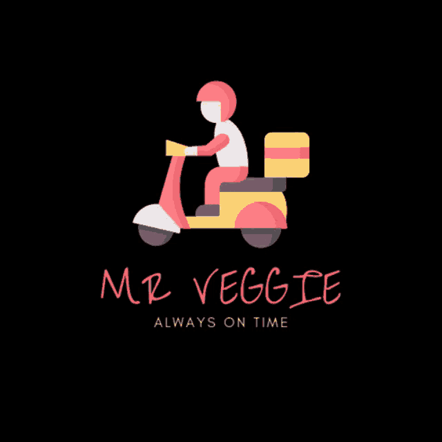 a logo for mr veggie shows a man riding a scooter with a box in the back