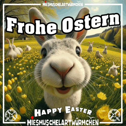 a picture of a rabbit in a field with the words frohe ostern happy easter