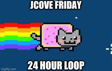 a picture of a cat with a rainbow coming out of its mouth and the words jcove friday 24 hour loop