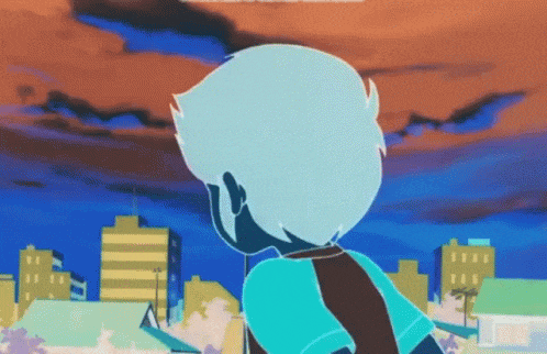 a cartoon character is standing in front of a city with a cloudy sky