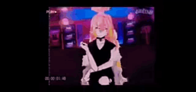 a cartoon of a girl with pink hair and a choker is standing in a dark room .