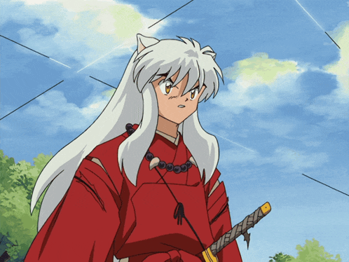 a cartoon character with long white hair and a red shirt