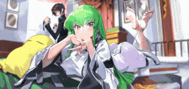 a cartoon of a girl with green hair laying on a bed