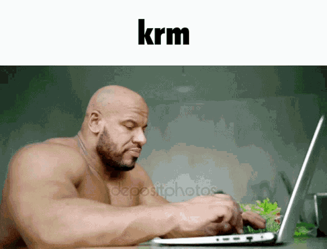 a shirtless muscular man is typing on a laptop with krm written above him
