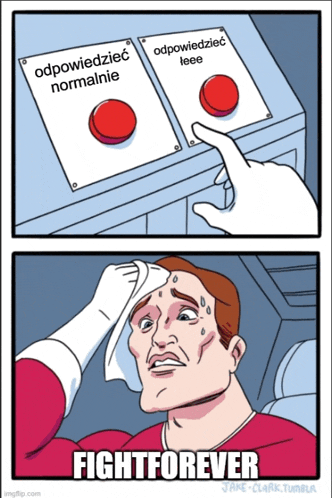 a cartoon of a man pressing a button that says fight forever on it