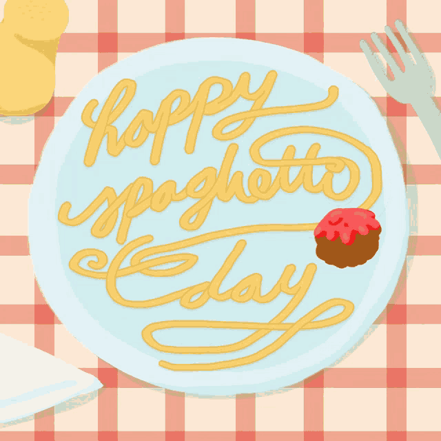 a plate of spaghetti and meatballs with the words happy spaghetti day written on it