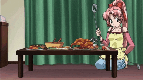 a girl with pink hair is holding a spatula in front of a table of food