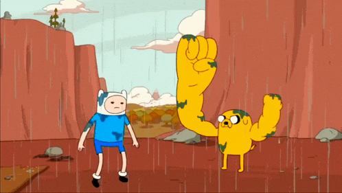 a cartoon character with a yellow fist standing next to another character