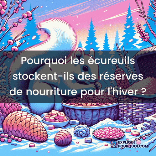 an illustration of a squirrel with the words pourquoi les écureuils stockent-ils des reserves de nourriture pour