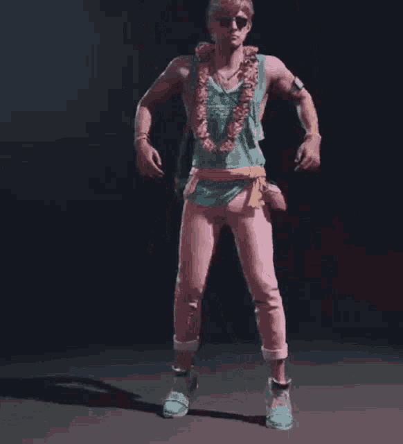 a man wearing a green tank top and pink pants is dancing