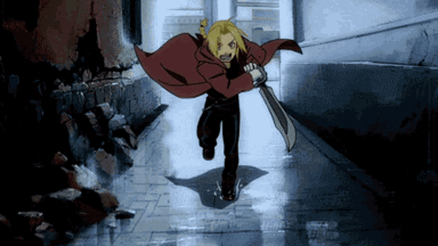 a man in a red cape is running down a hallway with a sword in his hand