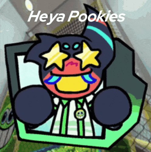 a cartoon character with stars in his eyes and the words heya pookies below it