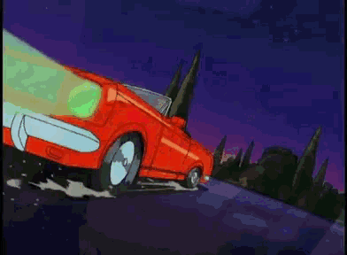 a cartoon drawing of a red van driving down a hill at night