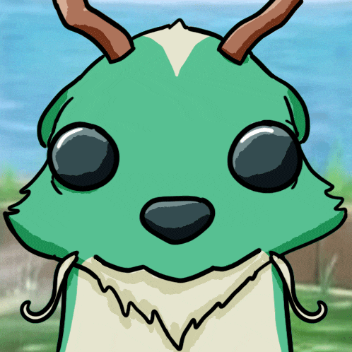 a cartoon drawing of a green and white animal with antlers