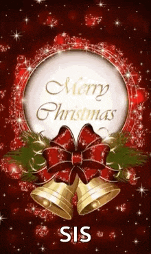 a christmas card with bells and a bow on a red background .