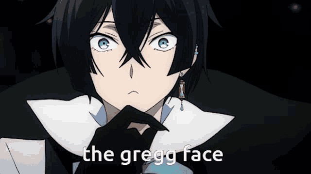 a black haired anime character with the words " the gregg face " above him