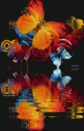 colorful butterflies are reflected in the water with the letters tg visible