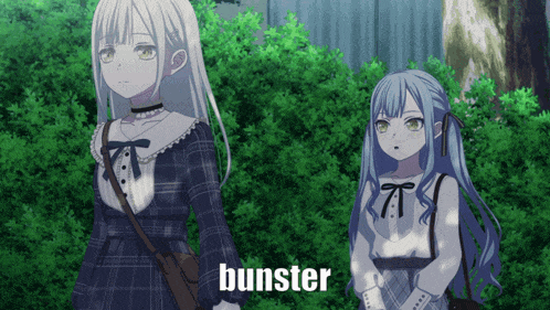 two anime girls standing next to each other with the word bunster on the bottom right