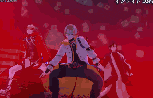 a group of anime characters are dancing in front of a blue wall with the word dance on it