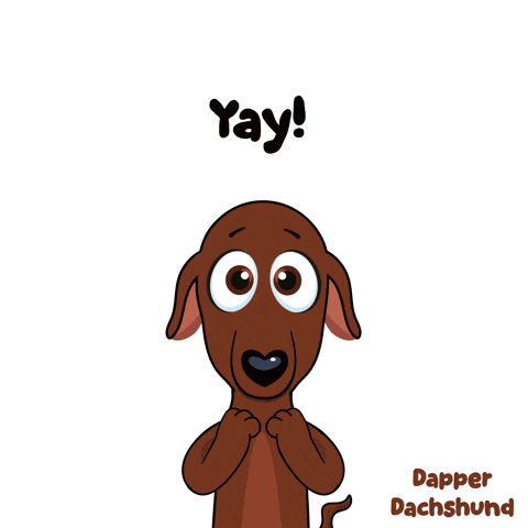 a cartoon of a dachshund with the words yay written above it