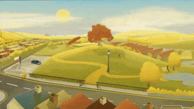 a cartoon drawing of a park with a car parked on the side of it