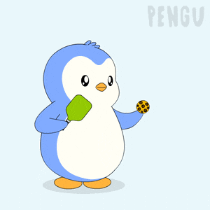 a blue penguin is holding a green apple and the word pengu is on the bottom right