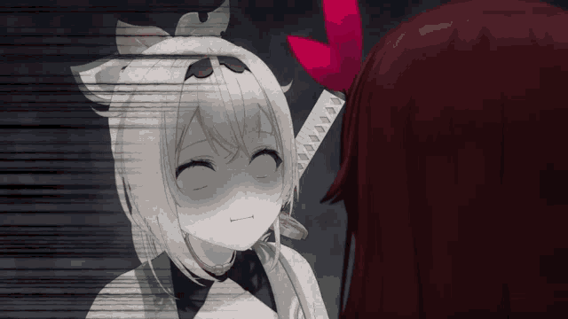 a girl with a red flower in her hair is holding a sword