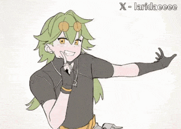 a drawing of a person with green hair and glasses with the words x - laridaeee on the bottom .
