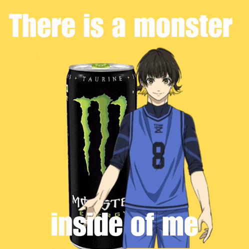 a boy in a number 8 jersey stands next to a monster can