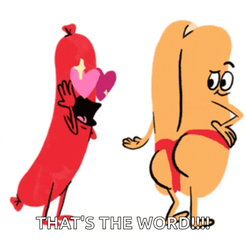 a cartoon of a sausage and a peanut with the words that 's the word written below them