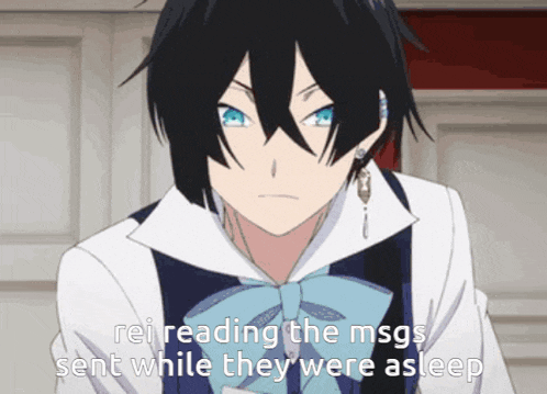 a picture of a boy with blue eyes and the words rei reading the msgs sent while they were asleep on the bottom
