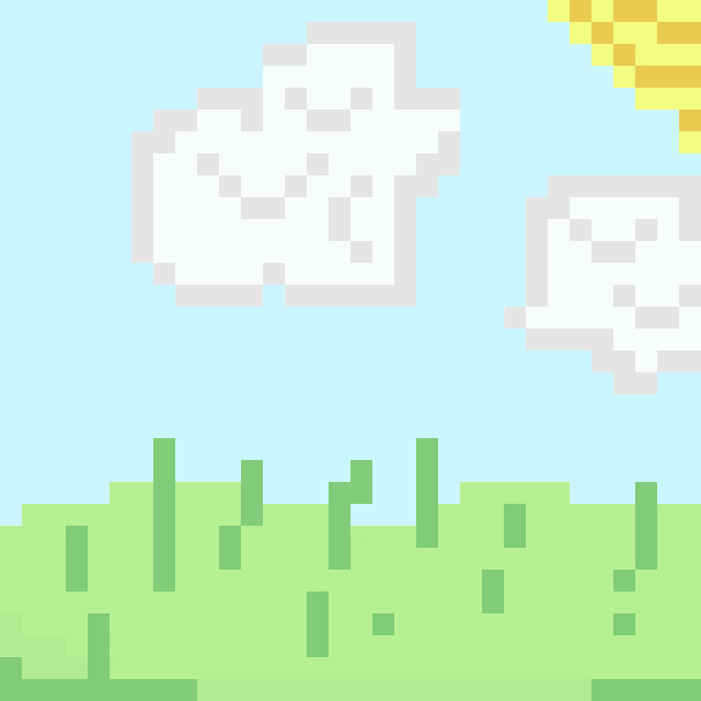 a pixel art illustration of a cloud and a sun in a field