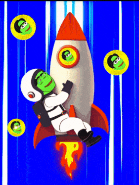 a cartoon of a man on a rocket with the letter p in the background