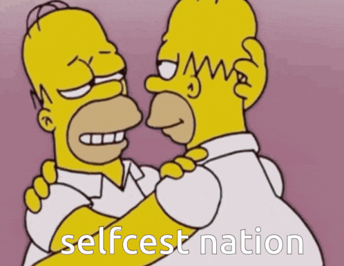 a cartoon of homer simpson hugging another cartoon character with the words selfcest nation on the bottom