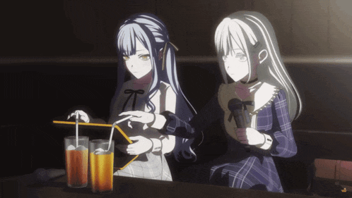 two anime girls sitting at a table with drinks