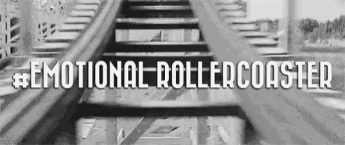 a black and white photo of a roller coaster with the words `` emotional roller coaster '' written on the bottom .
