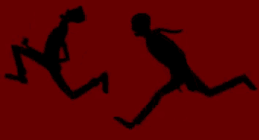 two silhouettes of people are running on a red background