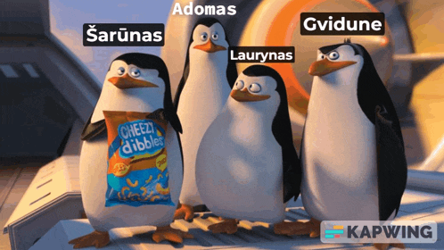 a group of penguins standing next to a bag of cheezy dibbles