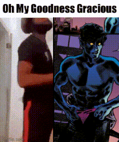 a man with a beard is next to a comic book character