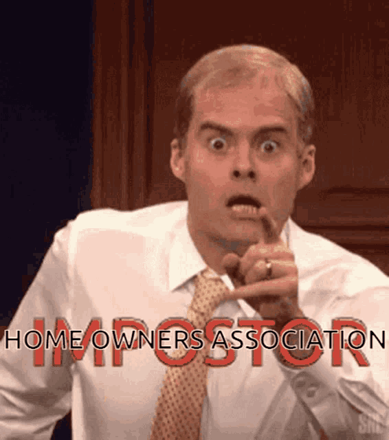 a man in a white shirt and tie is pointing at something with the words homeowners association behind him